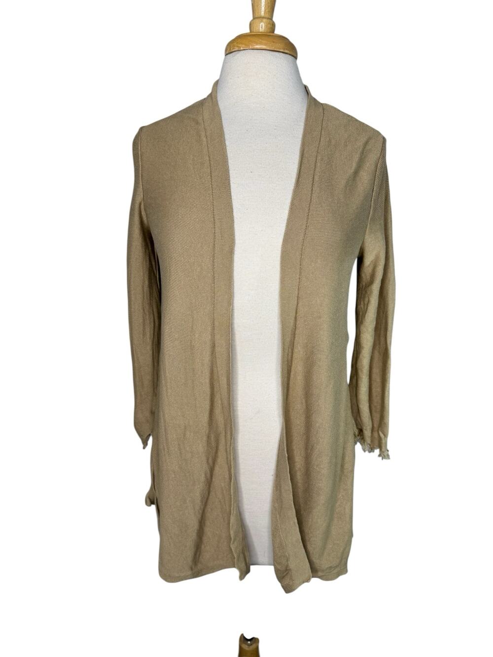 J.JILL Tan Linen Blend Fringe Open Cardigan Sweater Size Small Petite Capsule